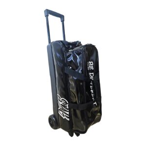 SWAG black triple roller bowling bag, front three-quarter view with retractable handle extended