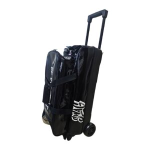 SWAG black triple roller bowling bag, angled front view showing top accessory pocket