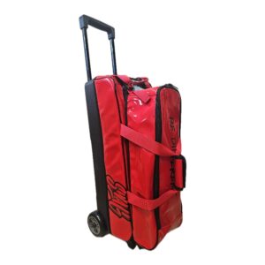 SWAG red triple roller bowling bag, front three-quarter view with retractable handle extended