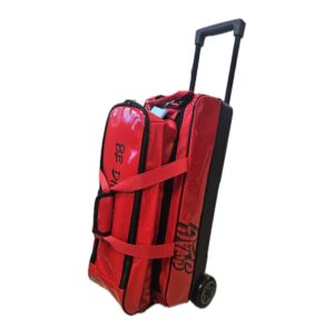 SWAG red triple roller bowling bag, angled front view showing top accessory pocket and handle